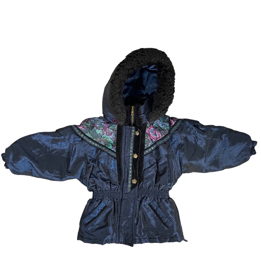 Vintage Girls Winter Snow Jacket Floral Hooded Parka 80s Navy Blue 3T